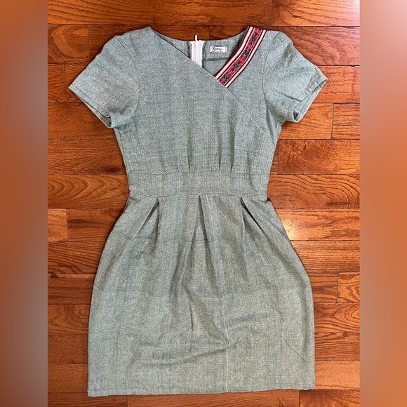 Handmade Khittaya Mint Green Herringbone Dress V Neck Boho Cottagecore XS Preown - Picture 1 of 14